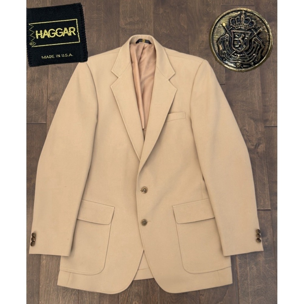 Vintage Haggar Blazer Jacket Mens Size 40L Beige USA Made Gold Buttons 2-Button